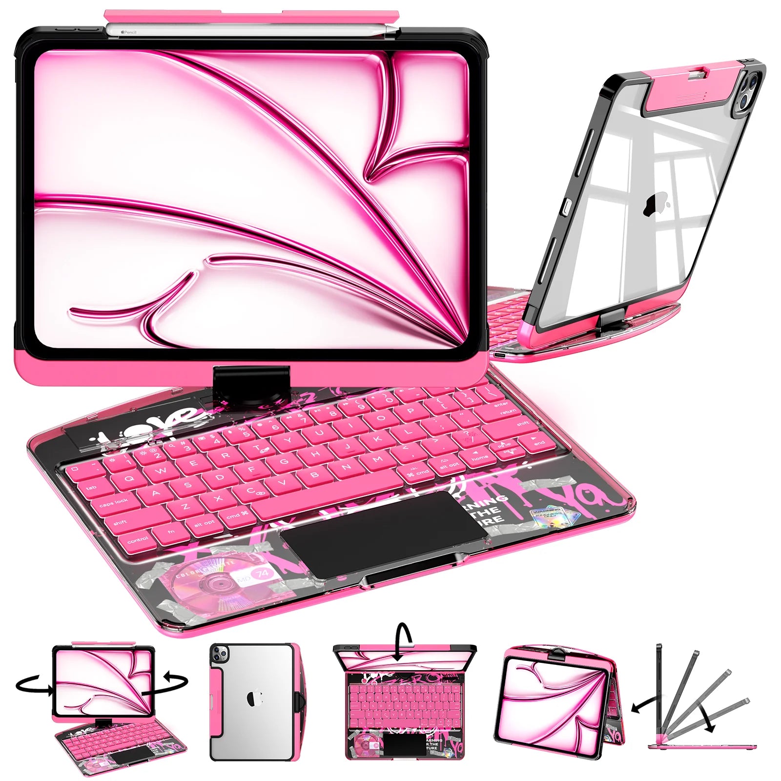 Solus Y2K Transparent Pink 360° Rotating iPad Keyboard Case