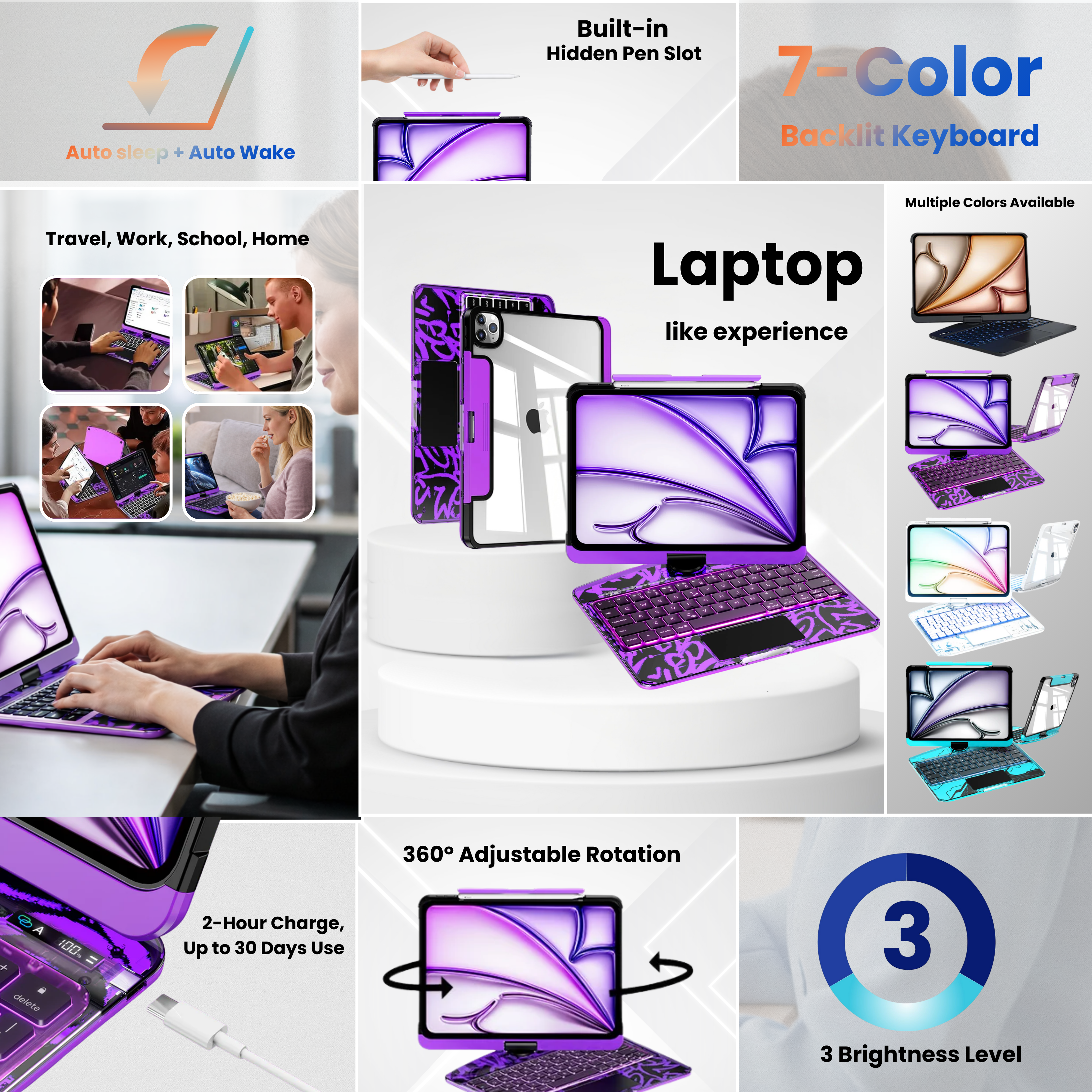 Solus Y2K Transparent Purple 360° Rotating iPad Keyboard Case