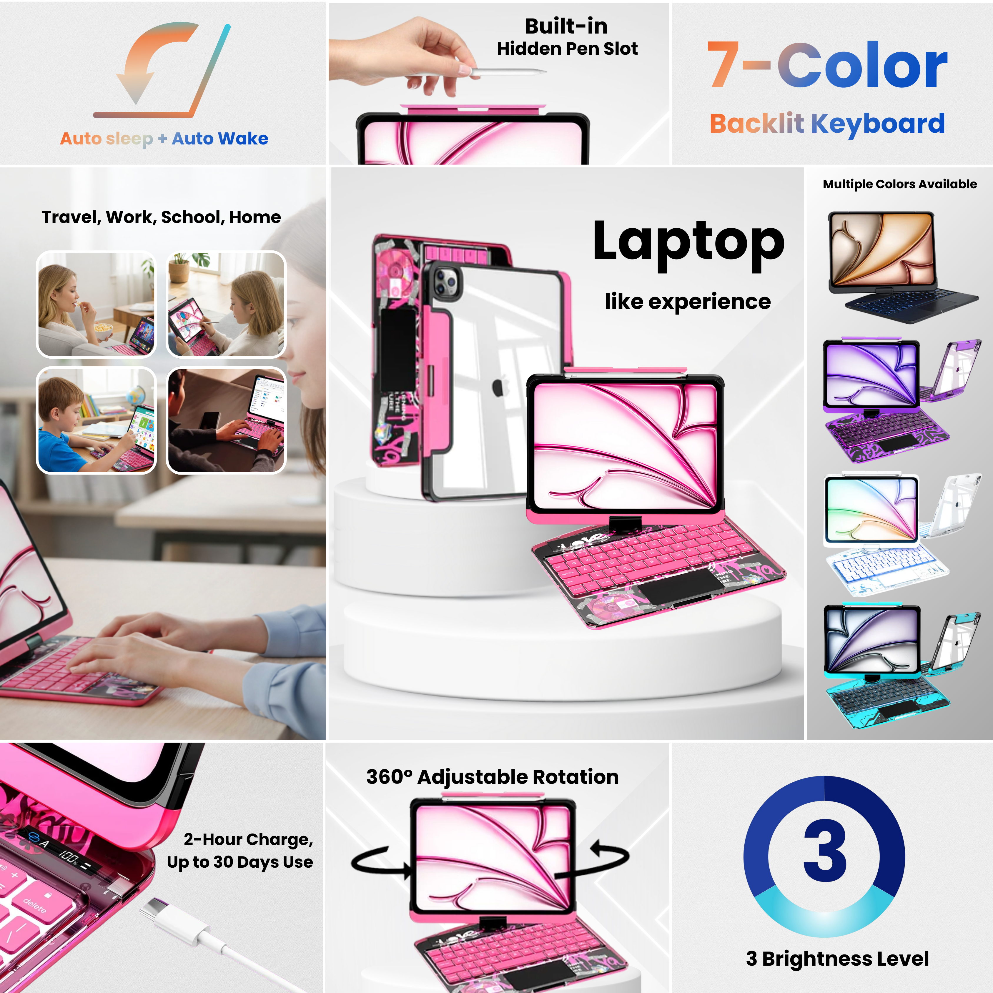 Solus Y2K Transparent Pink 360° Rotating iPad Keyboard Case