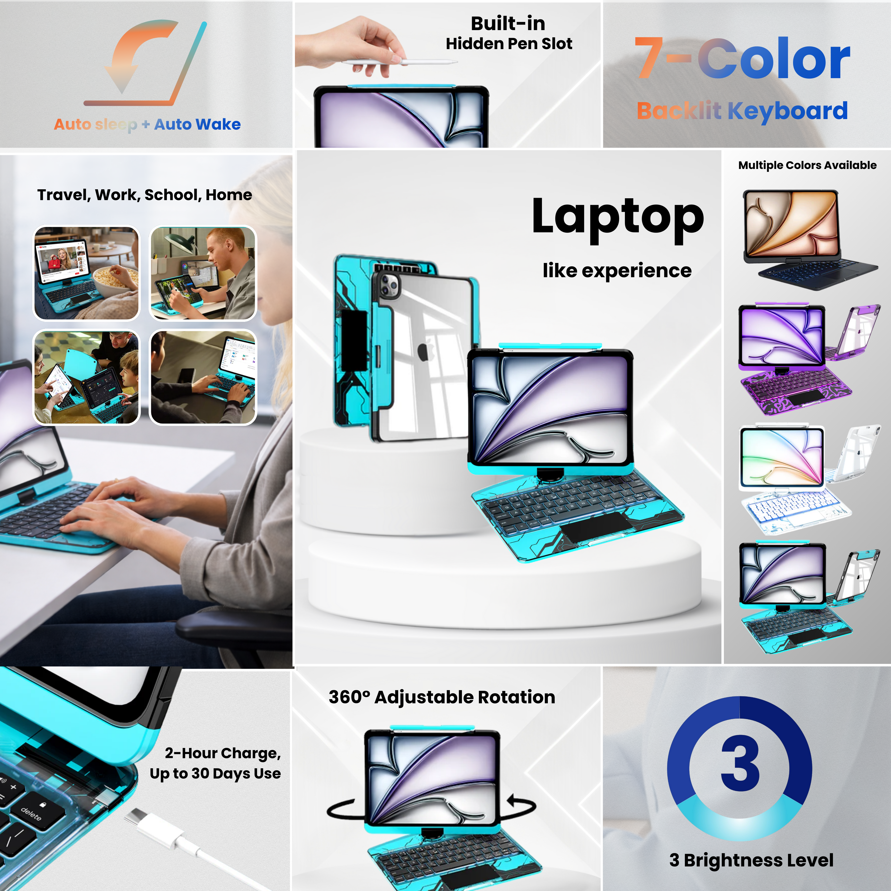 Solus Y2K Transparent Blue 360° Rotating iPad Keyboard Case